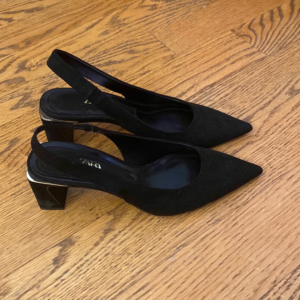 Zara black suede sling back heels